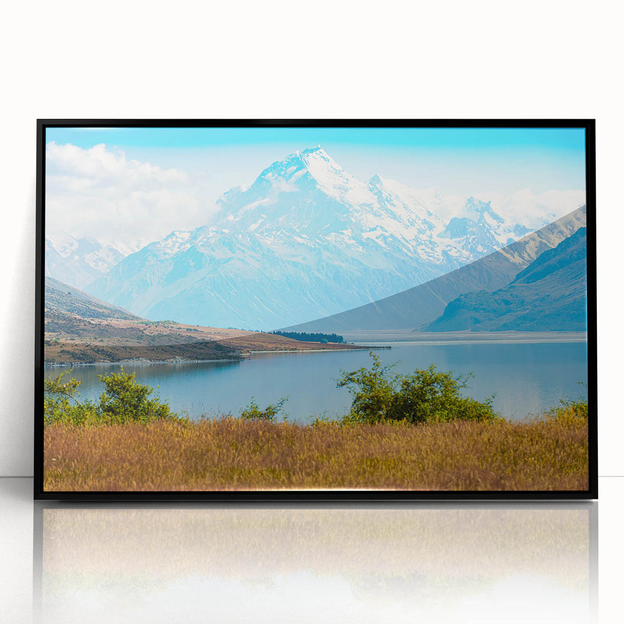 Large abstract wall art of New Zealand Canterbury scenery in muted earth tones, framed acrylic.
