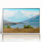 Modern art wall decor depicting a serene Canterbury, New Zealand landscape in pastel shades on a white framed acrylic.