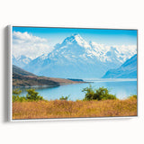 Vintage poster art of Canterbury, New Zealand with vibrant colors on white-framed canvas, ideal for living room decor.