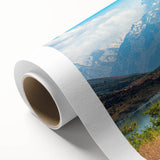 Art deco poster of Canterbury, New Zealand scenery on rolled canvas, with muted earth tones, ideal for nursery wall art.