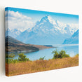 Large stretched canvas featuring a serene Canterbury, New Zealand landscape in cool blue and green tones.