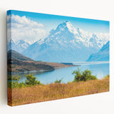 Large stretched canvas featuring a serene Canterbury, New Zealand landscape in cool blue and green tones.