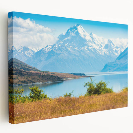 Large stretched canvas featuring a serene Canterbury, New Zealand landscape in cool blue and green tones.