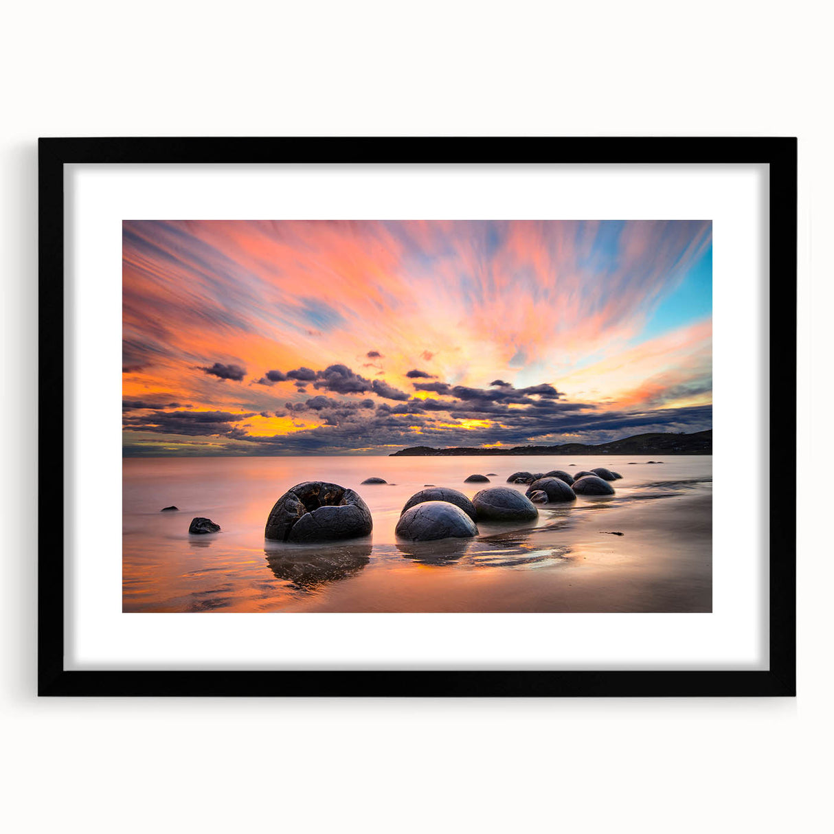 Abstract art print of Otago, New Zealand scenery in vibrant colors on a large textured canvas, framed in black.