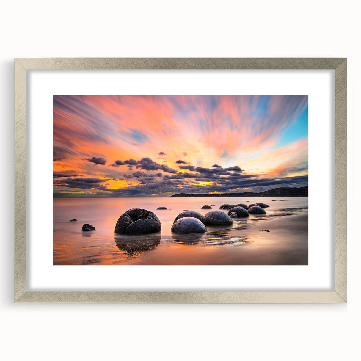 Textured abstract art print depicting Otago, New Zealand scenery in muted earth tones, framed in silver.
