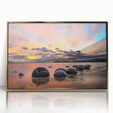 Mid-century modernist style large art print depicting Otago, New Zealand, in vibrant colors on a gold-framed acrylic.