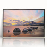 Mid-century modernist art of Otago, New Zealand landscape in muted earth tones, framed acrylic.