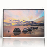 Art deco poster of Otago, New Zealand scene in muted blues and greens on a white framed acrylic.