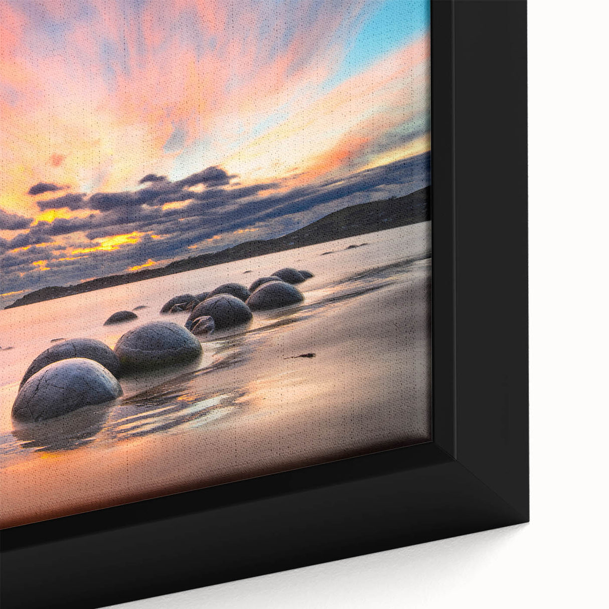 Framed canvas featuring a textured, colorful depiction of Otago, New Zealand scenery in black.