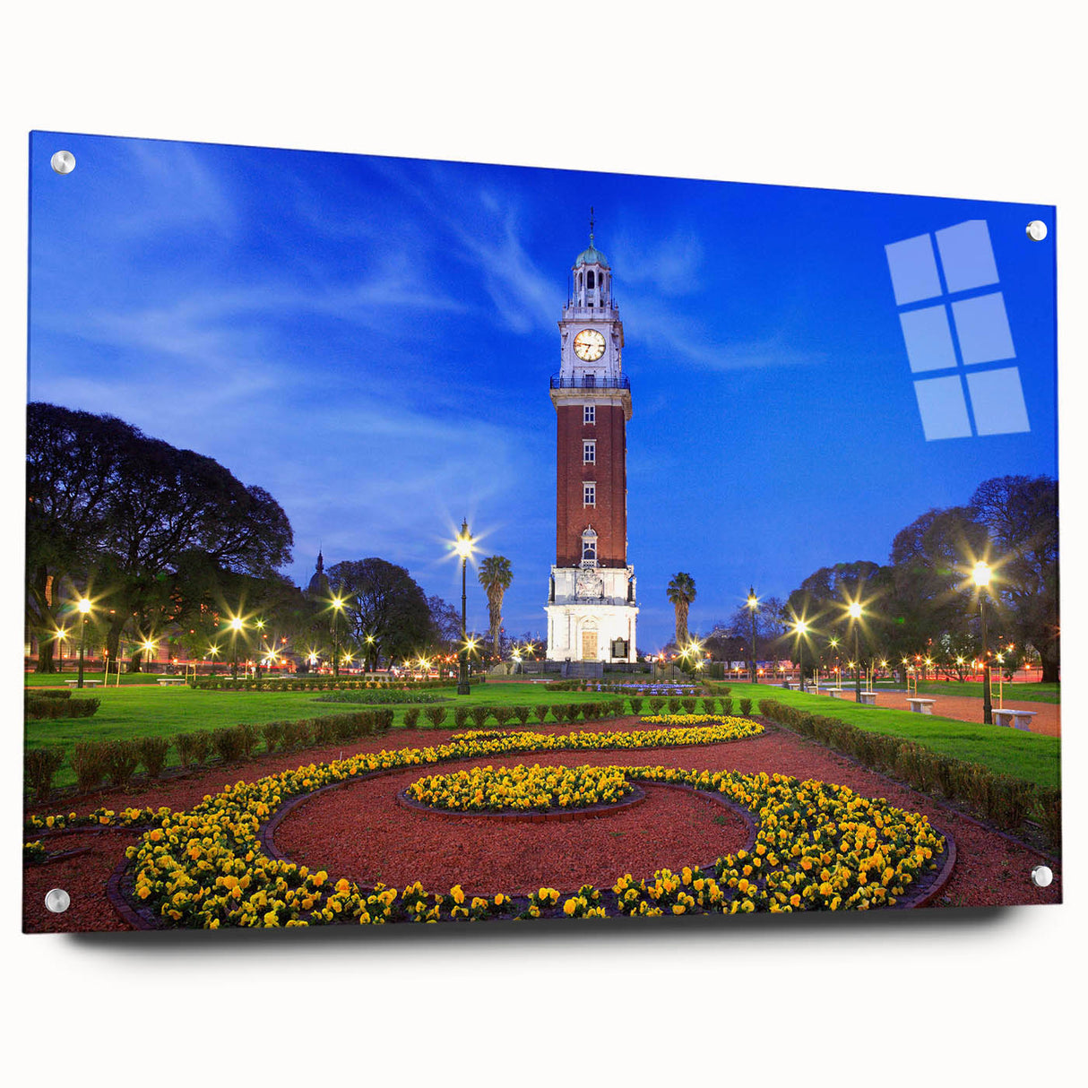 Acrylic print of a large abstract depiction of Buenos Aires in muted blue and green, suitable for dining room decor.