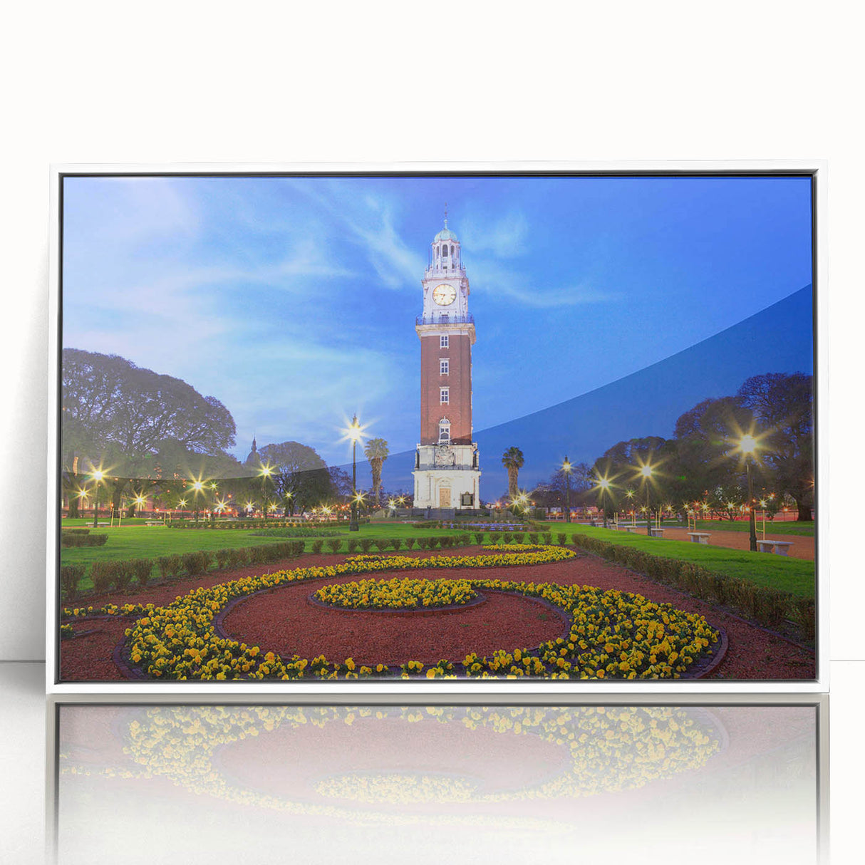 Art deco poster of Buenos Aires skyline in muted blue tones on white acrylic, ideal for modern art wall decor or nursery.