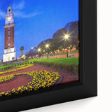 Extra large framed canvas of a textured, colorful Buenos Aires cityscape on a black background, suited for living room decor.