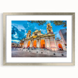 Textured abstract art print depicting a serene Argentine landscape in muted earth tones, framed in silver.