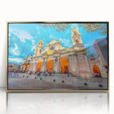 Large art print of an Argentine landscape in gold acrylic frame, featuring mid-century modernist style.