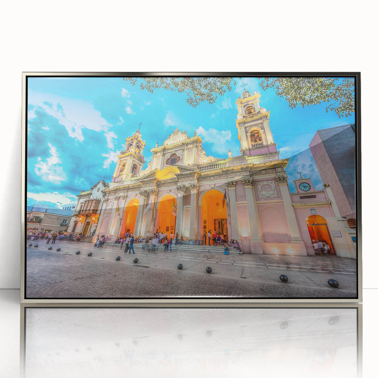 Mid-century modernist art depicting a serene Argentine landscape in soft, earthy tones on a framed acrylic print.