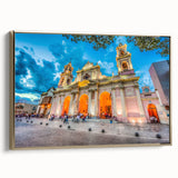 Framed canvas featuring a vintage-style landscape painting of an Argentine scenery in black and gold tones.