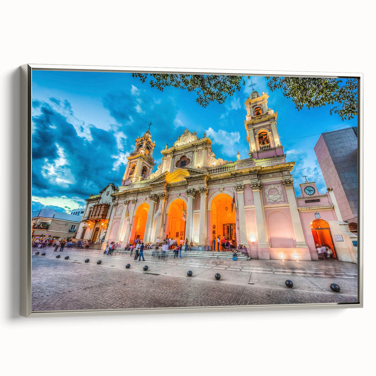 Framed canvas depicting a vintage-style landscape of an Argentine scenery, featuring vibrant colors on a black background.