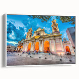 Framed canvas featuring a vintage poster art of an Argentine landscape in colorful hues, ideal for living room decor.