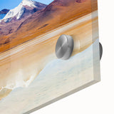 Large abstract wall art depicting a Bolivian landscape in vibrant colors on acrylic glass, ideal for dining room art.