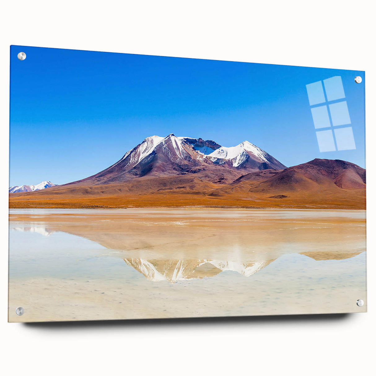 Large abstract wall art of a Bolivian landscape in muted earth tones on acrylic glass.