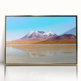 Framed acrylic print of a Bolivian landscape in mid-century modernist style, featuring earthy tones.