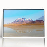 Art deco poster of a Bolivian landscape in muted earth tones on framed acrylic, ideal for modern art wall decor.