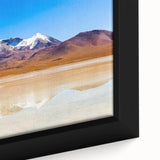 Framed canvas of a textured, colorful Bolivian landscape in muted earth tones, ideal for extra large living room wall art.