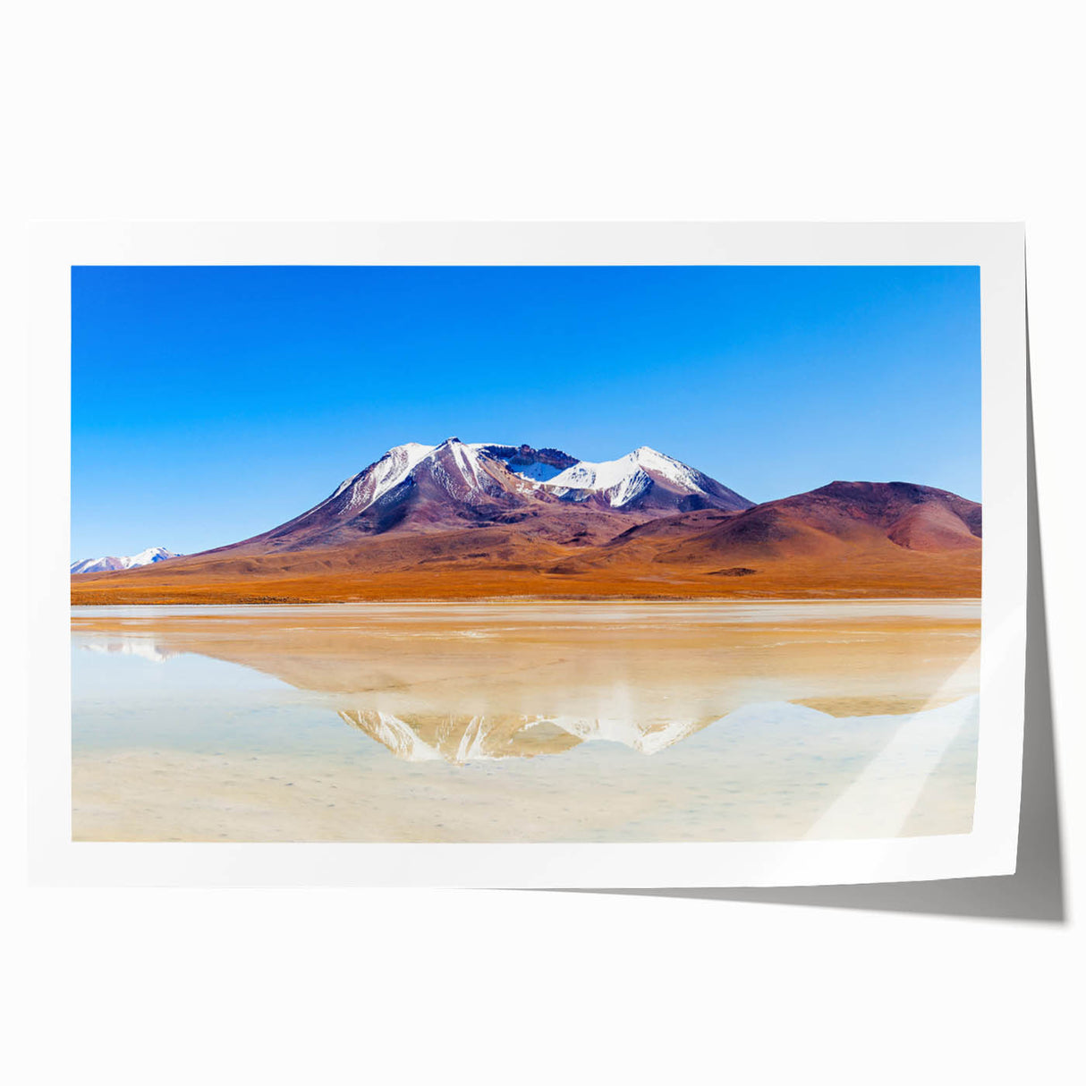 Extra large rolled print of a South American Bolivian landscape with vibrant floral elements, ideal for dining room wall art.