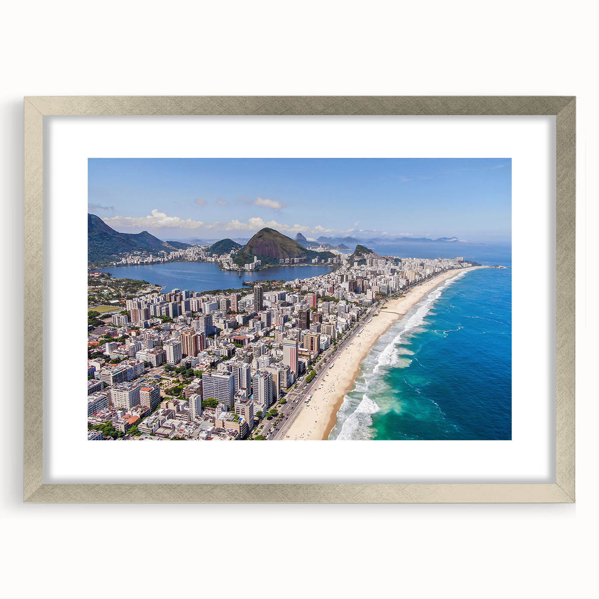 Textured abstract art print of a Brazilian landscape in muted earth tones, framed in silver, ideal for bedroom art.