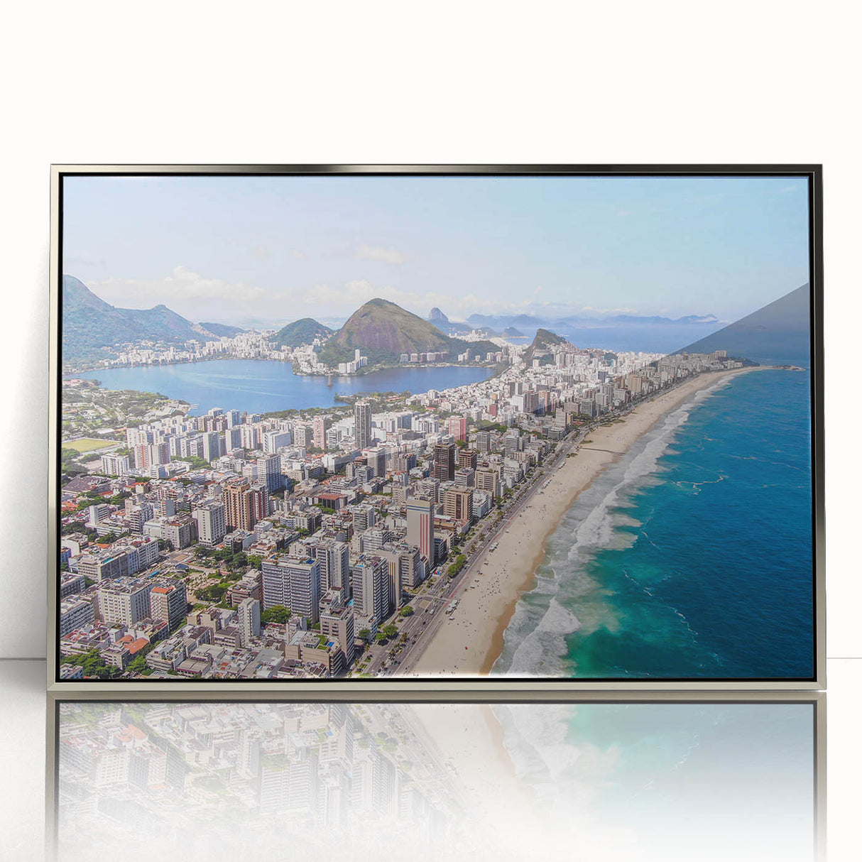 Mid-century modernist art depicting a stylized Brazilian landscape in vibrant colors on a silver-framed acrylic print.
