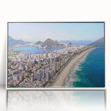 Art deco poster of a Brazilian landscape in muted greens and blues, acrylic print in a white frame.