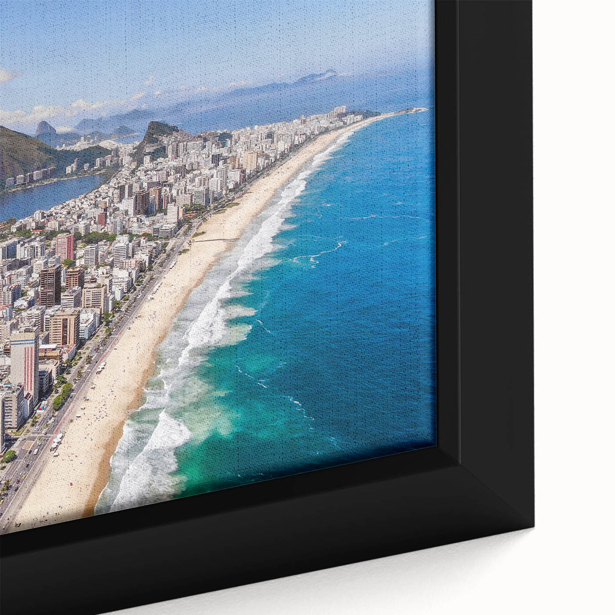 Extra large framed canvas featuring a textured depiction of a colorful South American scenery, ideal for living room decor.