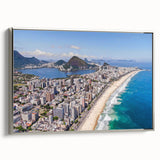 Framed canvas featuring a vintage-style landscape art painting of a Brazilian scenery in colorful hues.