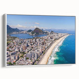 Vintage poster art of a colorful Brazilian landscape on a large framed canvas, ideal for living room decor.
