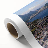 Art deco poster of a stylized Brazilian landscape in muted green and yellow on rolled canvas, ideal for nursery wall art.