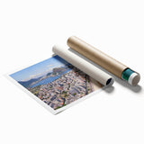 Extra large rolled print of a scenic Brazilian landscape in vibrant green and blue tones, ideal for classy bathroom wall art.