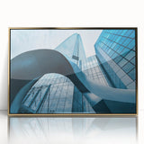 Framed acrylic print of Santiago, Chile skyline in gold and blue tones, ideal for modern art wall decor.