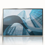 Mid-century modernist art of Santiago, Chile skyline in muted earth tones on a silver-framed acrylic print.