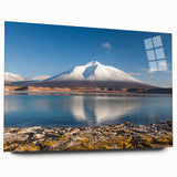 Large abstract wall art of a Chilean landscape in muted earth tones on acrylic glass, ideal for bedroom or dining room decor.