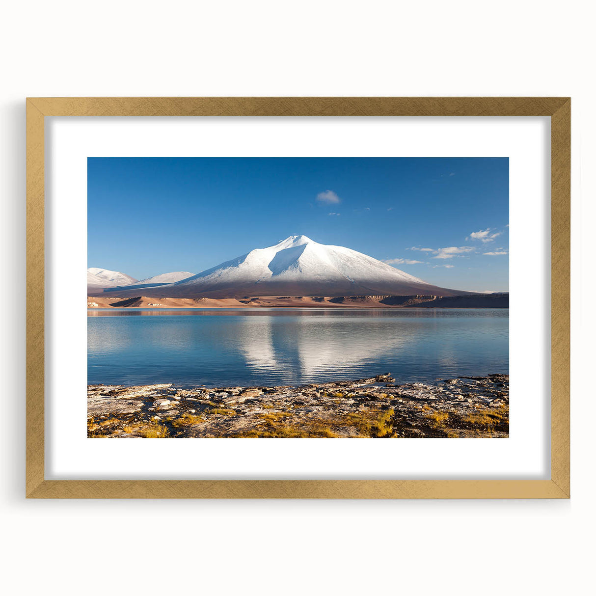 Extra large abstract art print of a textured Chilean landscape in muted earth tones, framed with a gold mat.