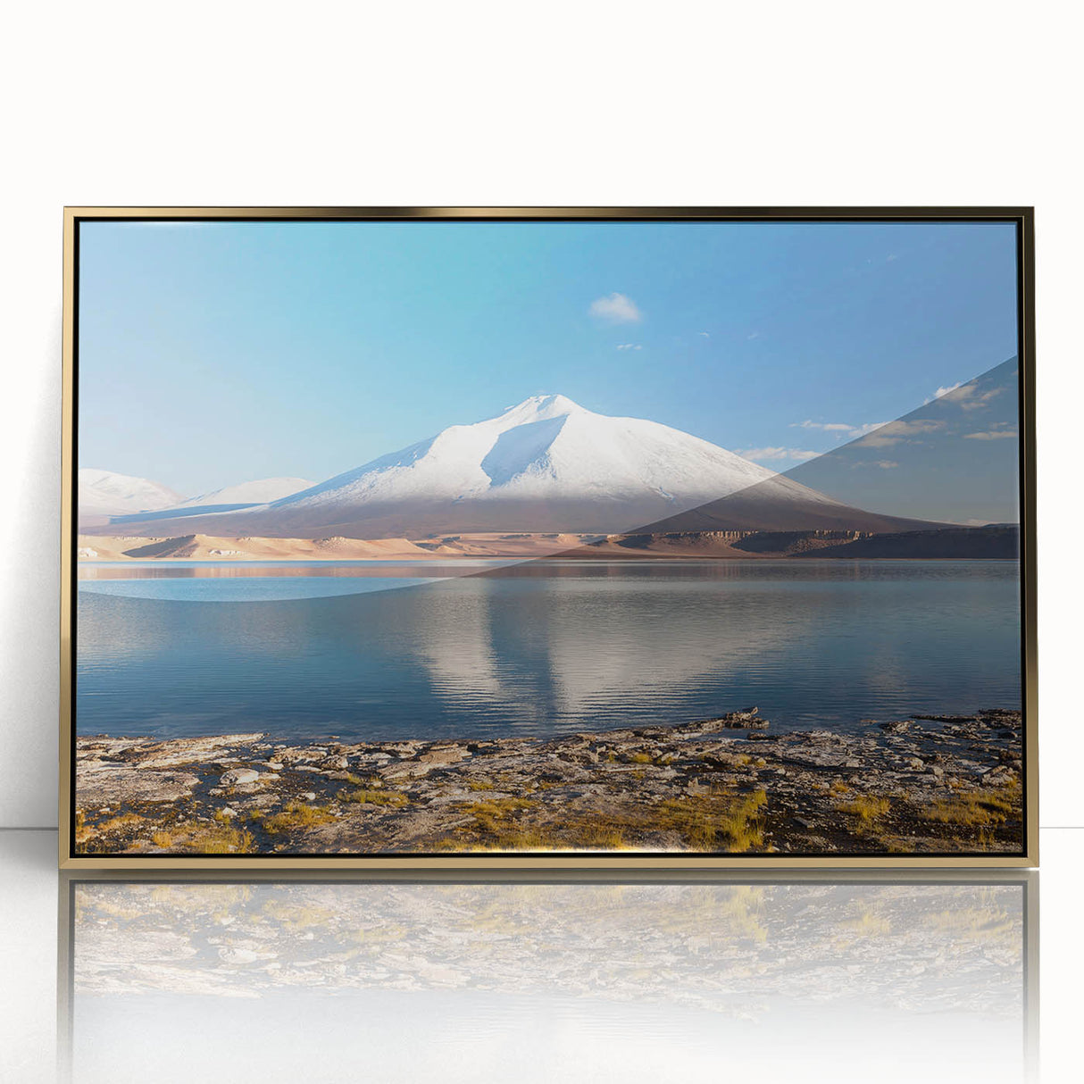 Large art print of a mid-century modernist Chilean landscape in muted earth tones on framed acrylic.
