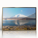 Large art print of a mid-century modernist Chilean landscape in muted earth tones on framed acrylic.