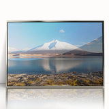 Mid-century modernist art depicting a Chilean landscape in muted earth tones on a framed acrylic print.