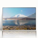 Acrylic print of a Chilean landscape in muted earth tones, framed in white, suitable for modern art wall decor.