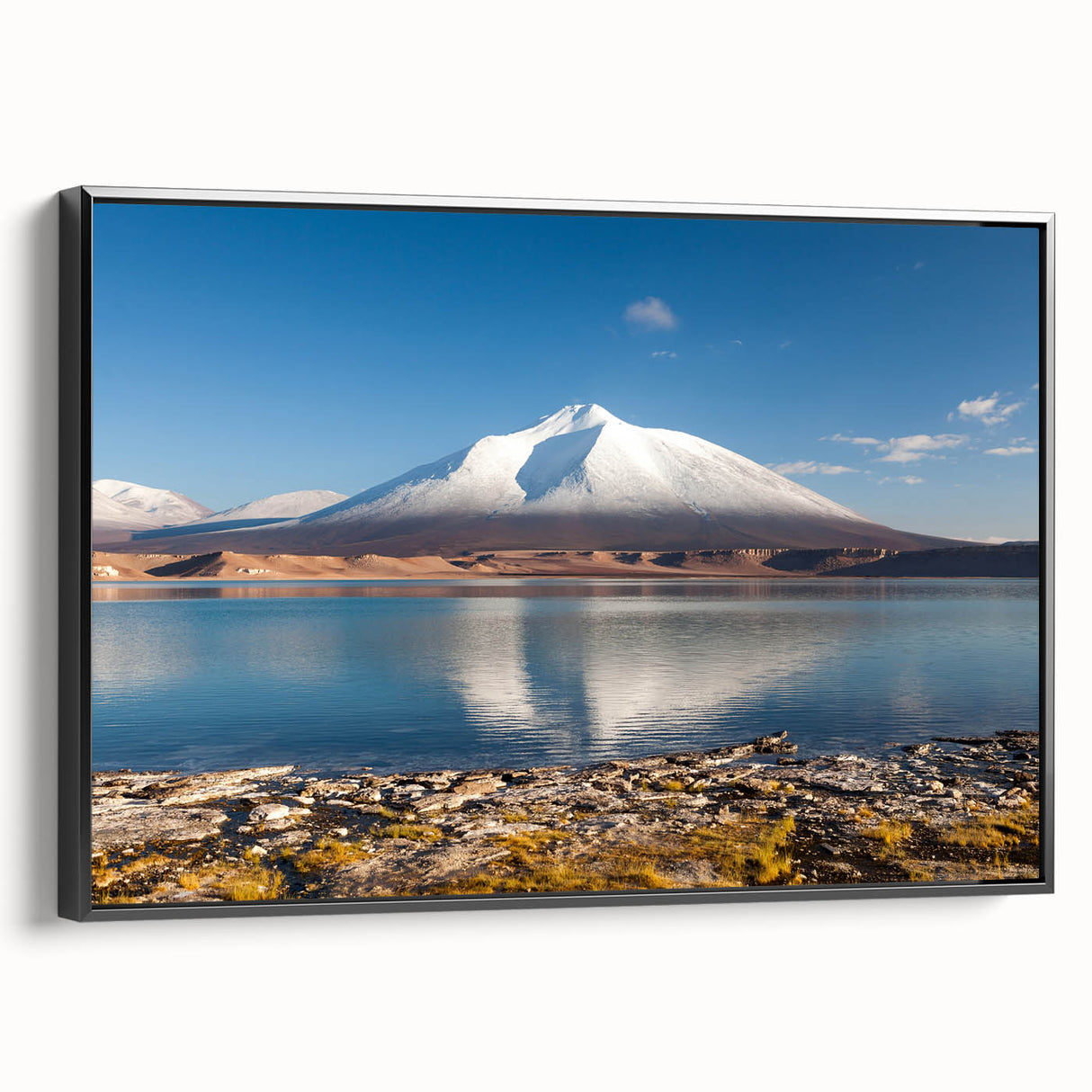 Black and white framed canvas of a Chilean landscape in vintage poster art style, ideal for bedroom decor.