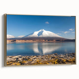 Framed canvas featuring a vintage-style landscape painting of a Chilean scenery, in muted gold and black tones.