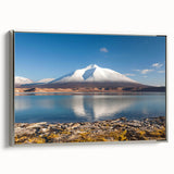 Landscape art painting of a Chilean scenery on framed canvas, featuring vibrant colors with a vintage poster style.