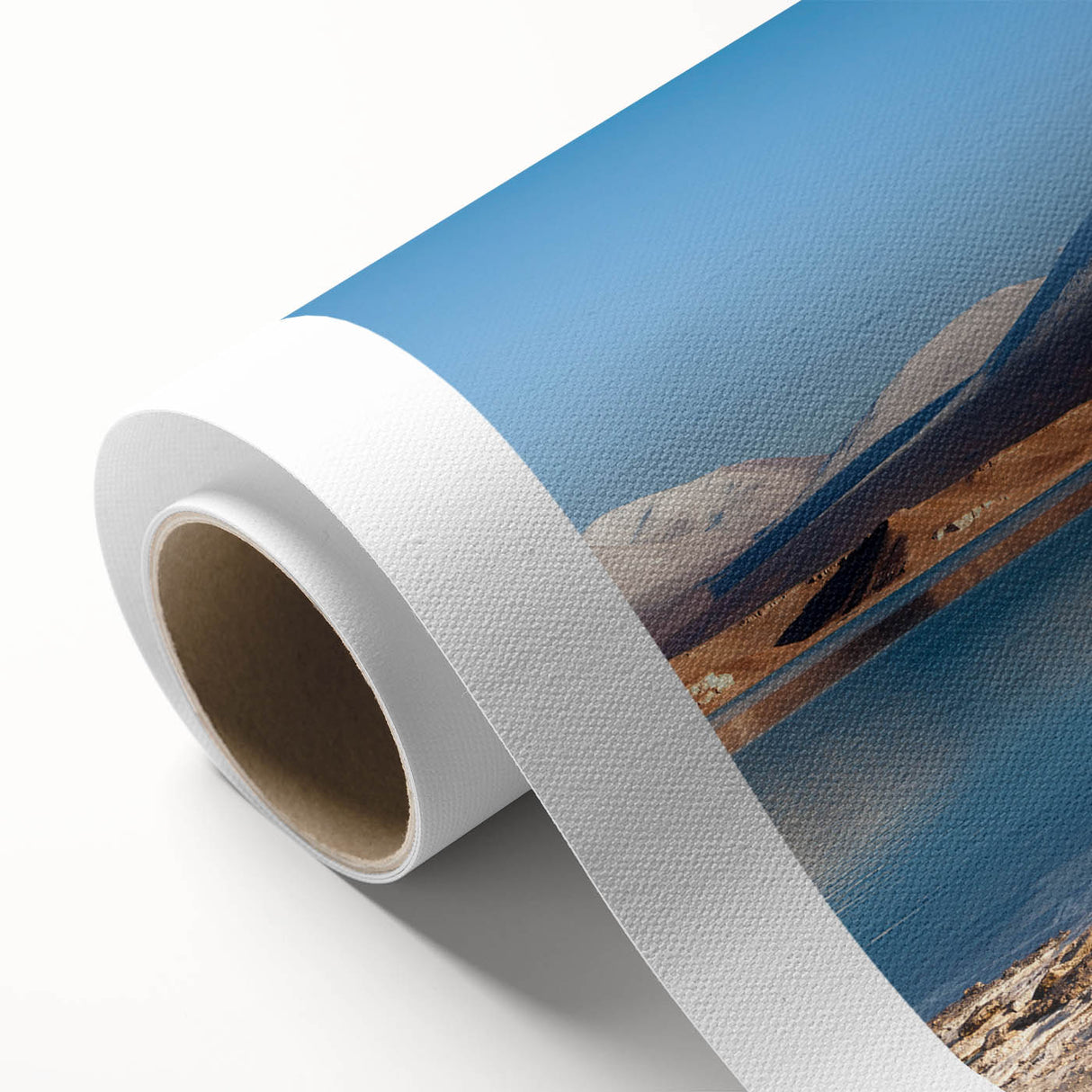 Art deco poster of a Chilean landscape in muted earth tones on rolled canvas, ideal for nursery wall art.