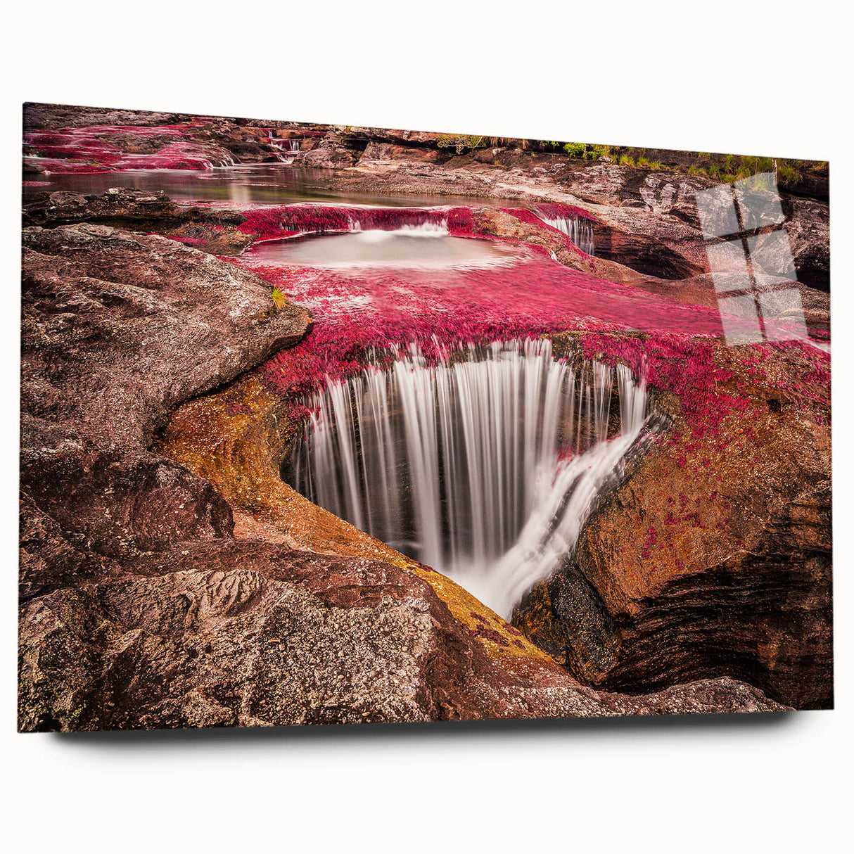 Large abstract wall art depicting a vibrant, textured Colombian landscape on acrylic glass.