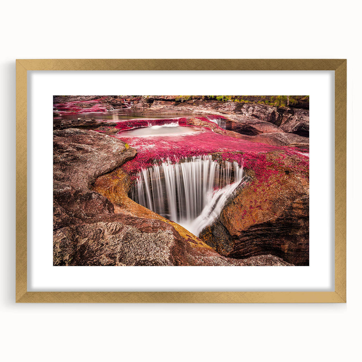 Extra large abstract art print depicting textured Colombian scenery in muted earth tones, framed in gold.